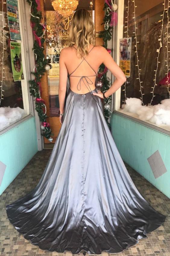 Grey Spaghetti Straps Long A Line Sexy Back Simple Prom Dress DMA5