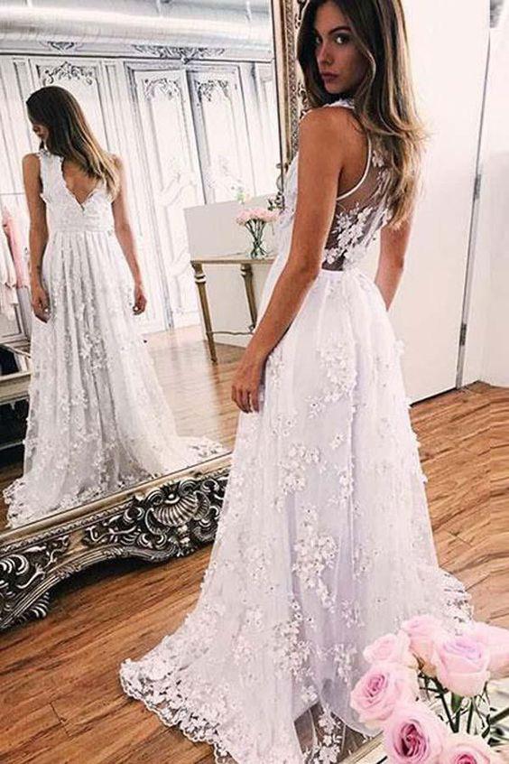 A-line Prom Dress,White Prom Dresses,Lace Prom Dresses,Long Prom Dresses,V-neck Prom Gown,Evening Prom Dresses