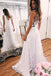 A-line White Lace V-neck Sleeveless Evening Prom Dresses With Sweep Train DM585