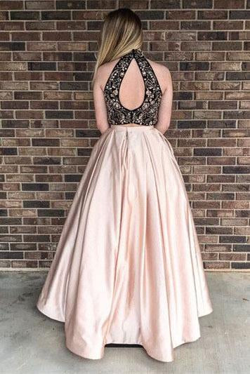 High Neck Blush A Line Black Lace Sleeveless Prom Dress With Pockets DM687