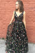 Princess Prom Dresses,Black Prom Gown,Floral Prom Dress,V Neck Prom Dress