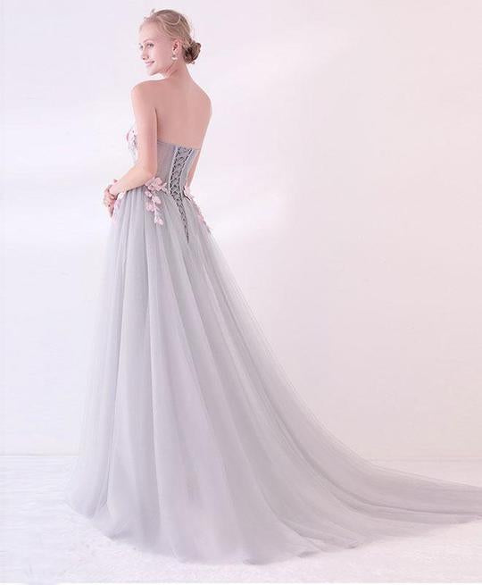 Grey Long Applique Tulle Evening Dress Sweetheart Formal Prom Dress DM874