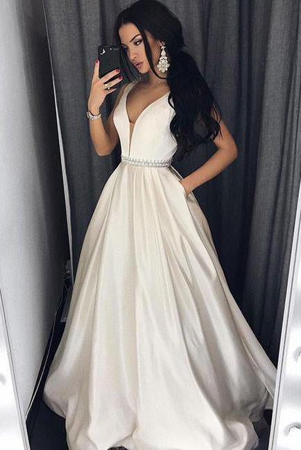 Sexy Deep V-Neck Ivory Long Prom Dress with Pockets,Formal Evening Dress DM577