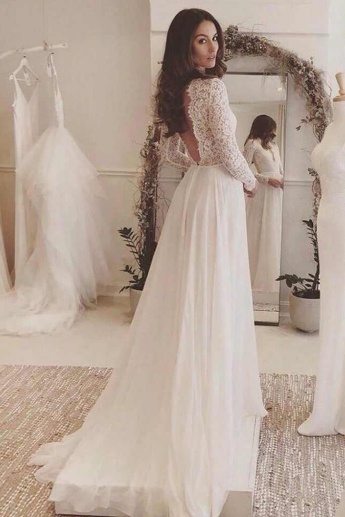 Off White Chiffon Long Sleeves Wedding Dress,Simple A Line V Neck Lace Prom Dress DM868