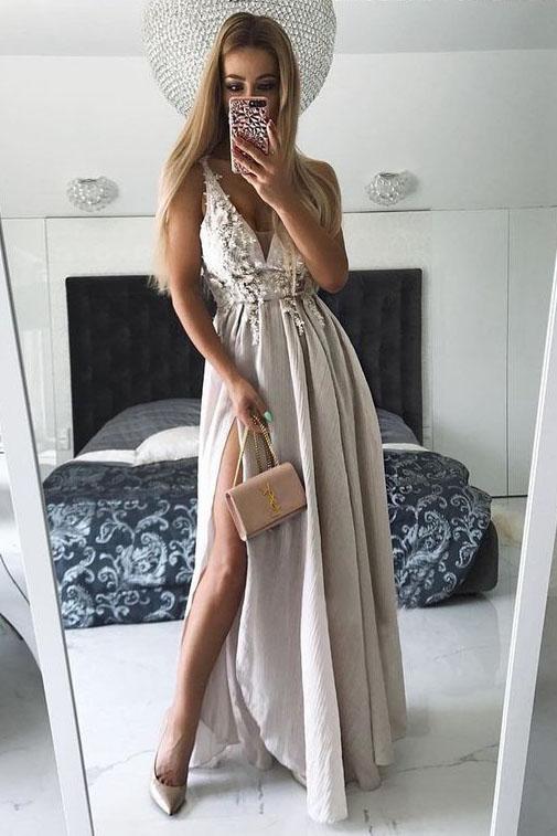 Sexy Prom Dress,Grey prom dress,v neck prom dress,long Prom Gown,chiffon prom dress