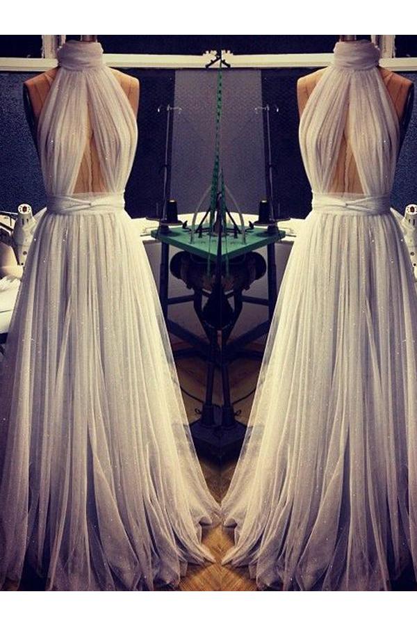 beautiful A-line Cheap Long Sexy Simple Ivory High Neck Tulle Prom Dress DM759