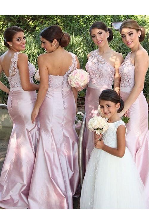 Beautiful One Shoulder Lace Appliques Long Mermaid Pink Bridesmaid Dress DM763