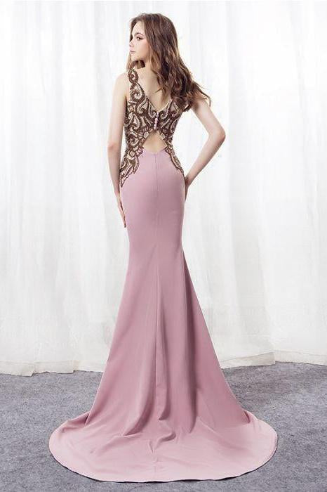 Elegant Mermaid Pink Sweep Train Bateau Long Prom Dress With Beading DM885