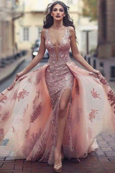 Charming Prom Dresses,Sweep Train Prom Gown,Pink Prom Dress,Appliques Prom Dress