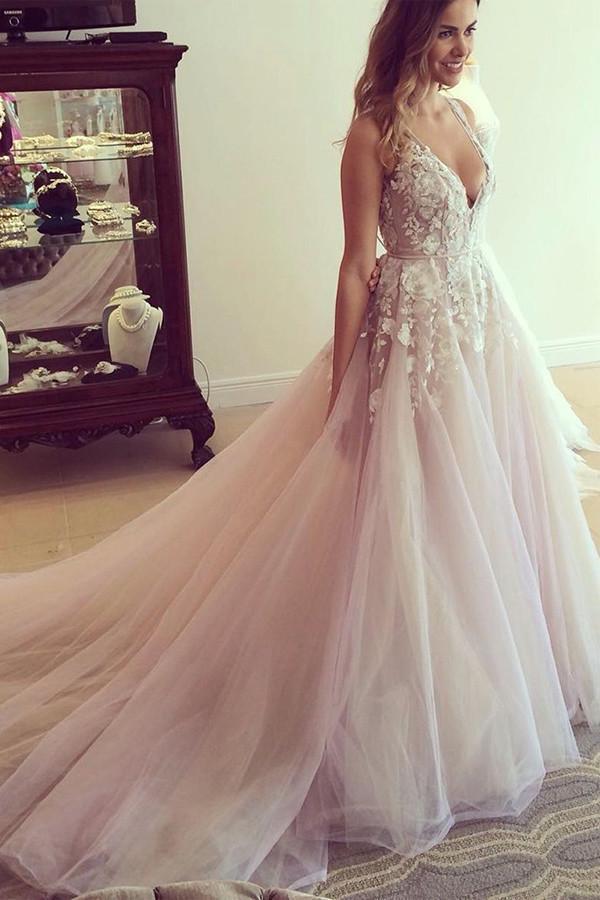 Spaghetti Straps Wedding Dresses,V-neck Wedding Dress,Long Wedding Gown,Appliques Prom Dresses,Pink Prom Dress,A-line Prom Gown,Tulle Prom Dress