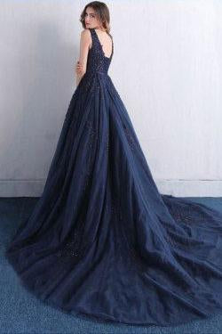 Dark Blue V Neck A Line Appliques Tulle Long Prom Dress DM820