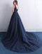 Dark Blue V Neck A Line Appliques Tulle Long Prom Dress DM820