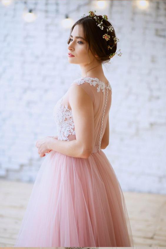 New Arrival Pink Princess Tulle Floor-length Appliques Lace A Line Long Prom Dresses DM823