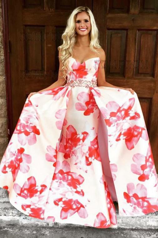 A-Line Sweetheart Floral Printed Pink Satin Prom Dress with Beading DM818