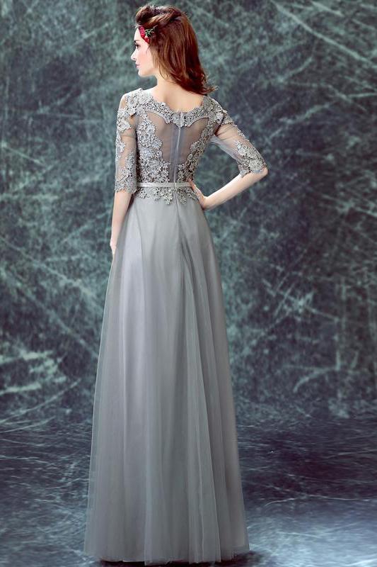 Grey Floor-length Half Sleeve Tulle Long Prom Dress,A line Evening Dress DM882