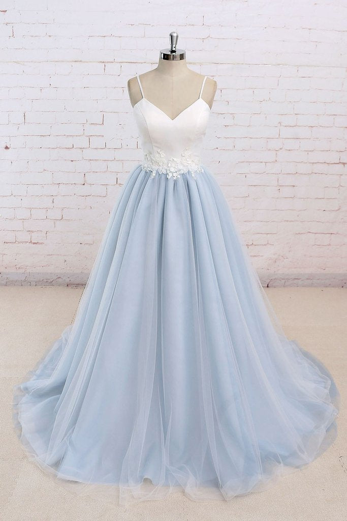 Long Prom Dresses,Baby Blue Prom Dress,Simple Prom Dresses,Senior Prom Dress,White Top Prom Dresses,Tulle Evening Dress,A Line Prom Dresses