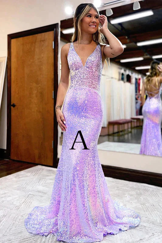 Lavender V Neck Mermaid Prom Dress, Sparkly Sequins Long Evening Gown DMP228