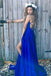 Simple Scoop A Line Split Side Royal Blue Straps Satin Prom Dress DM762