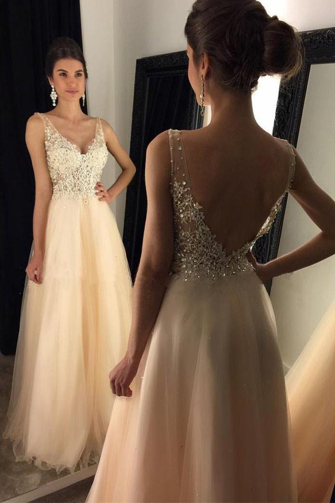 Beautiful Prom Dress, V-Neck Prom Dresses With Appliques, Beaded Long A-line Tulle Prom Dresses, Long Evening Dress, Prom Dress