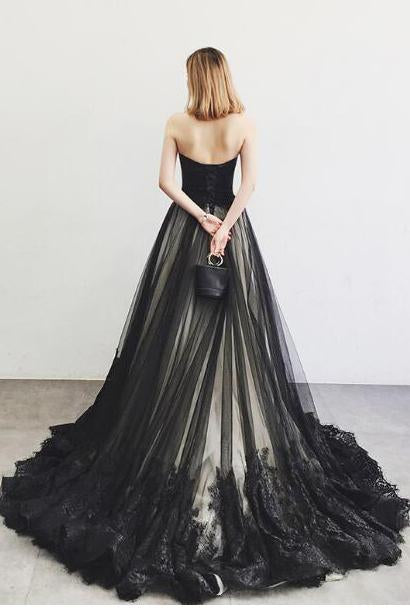 Charming A-Line Sweetheart Strapless Black Long Tulle Prom Dress With Lace Beading DM834