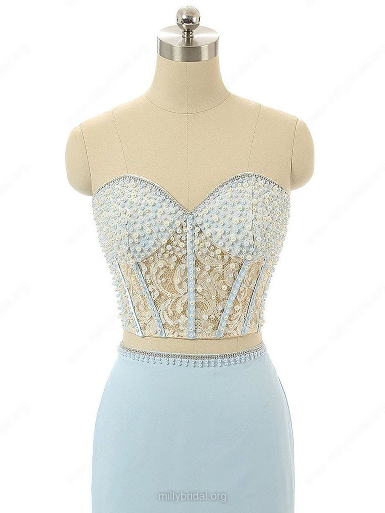 Elegant Mermaid Sweetheart Chiffon Sweep Train Split Front Light Sky Blue Prom Dresses DM621