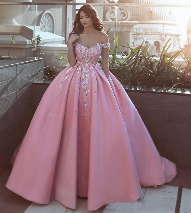 Pink Off the Shoulder Ball Gown Lace Appliques Satin Prom Dress DM903