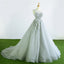 Gray Tulle Court Train Formal Long Prom Dress With Flowers DM942