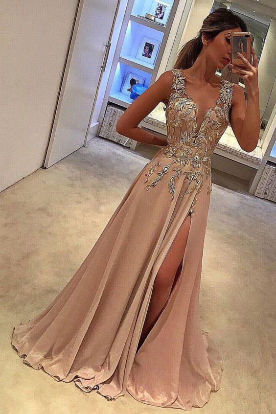 Sexy V Neck Split Side,Appliques A Line Long Prom Dress DM819