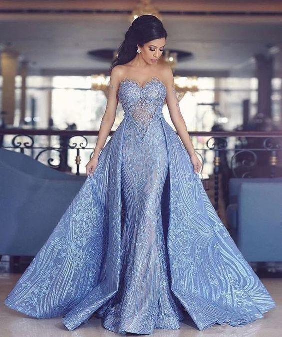 Elegant Sweetheart Mermaid Prom Dress With Detachable Train,Fashion Blue Evening Dresses DM872