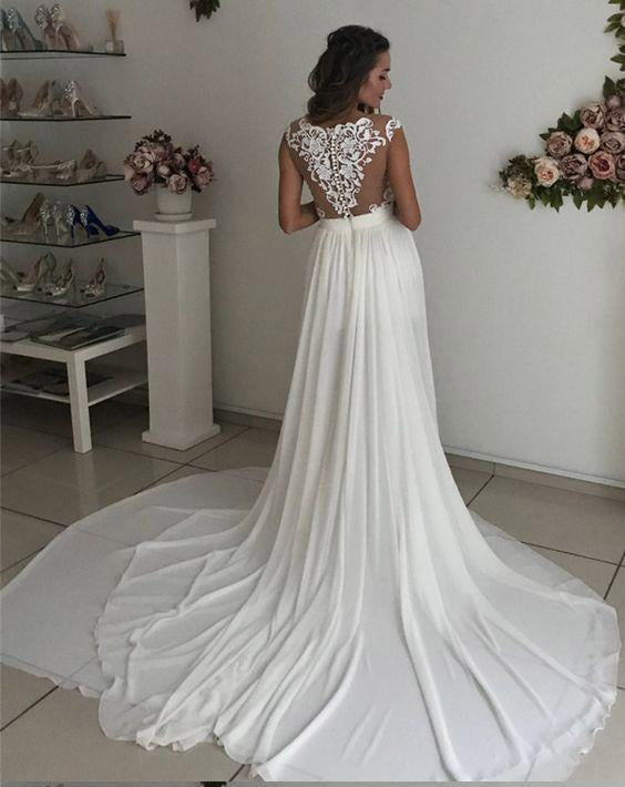 Off White Long Chiffon Cap Sleeves Split Wedding Dresses With Lace DMA53