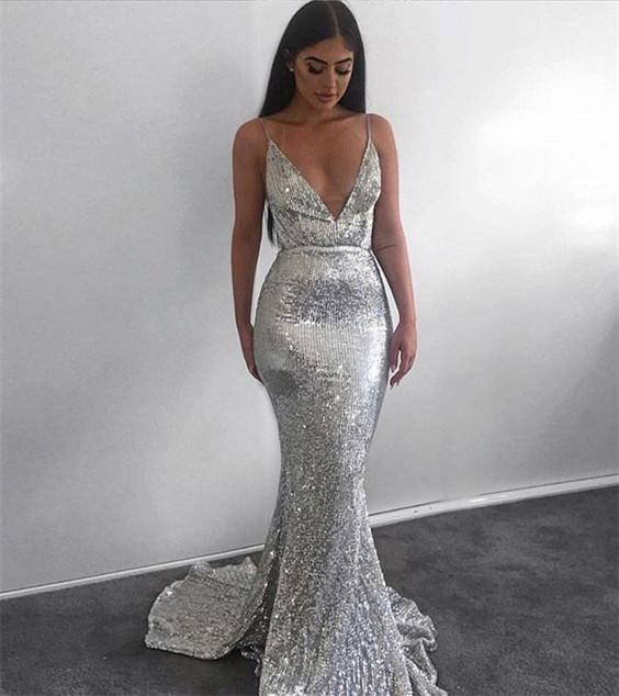 Modest Silver Mermaid Sequined Deep V Neck Backless Prom dresses,Evening Gowns DM907