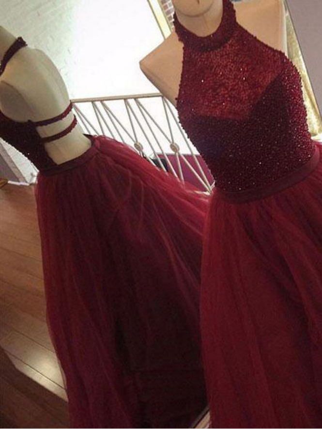 Burgundy Halter Beaded A Line Sleeveless Tulle Long Prom Dress DM992