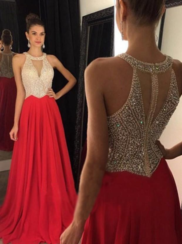 Red Skirt Beaded Bodice Long Deep V Neck Prom Gowns,Fashion Women Dresses DM809