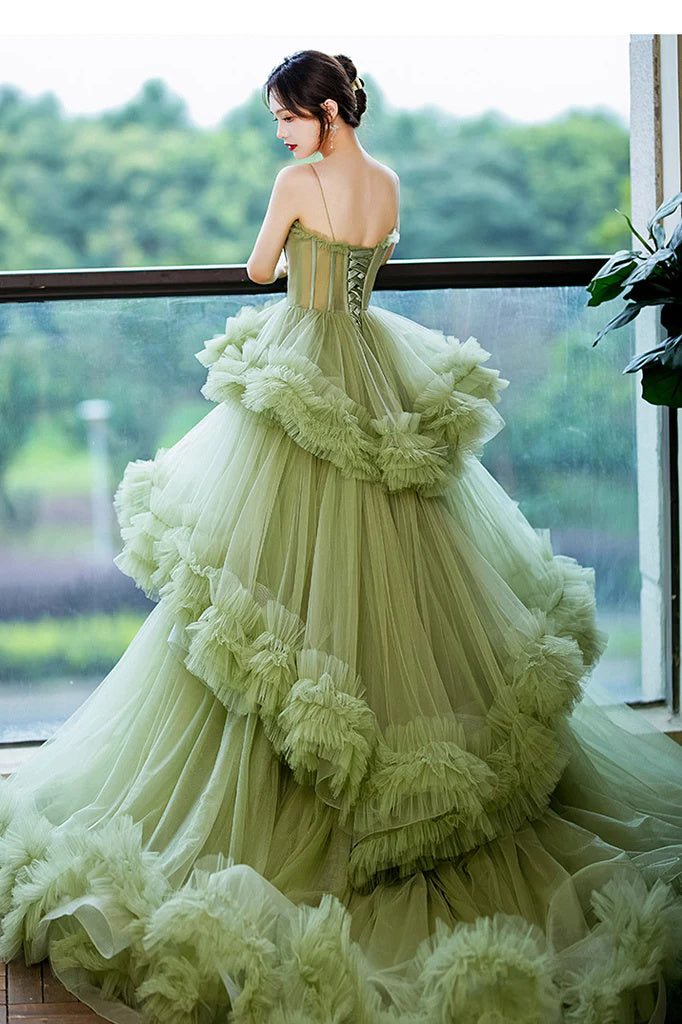 Princess Spaghetti Straps Green Tulle Long Ball Gown Prom Dress A line Tiered Formal Dress DMP230