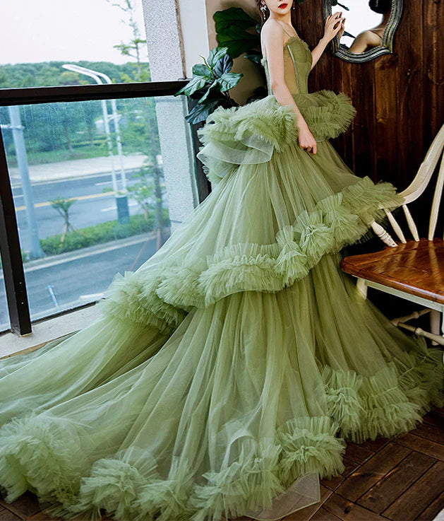 Princess Spaghetti Straps Green Tulle Long Ball Gown Prom Dress A line Tiered Formal Dress DMP230