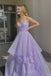 Shiny V Neck Fluffy Lavender Long Prom Dress, Spaghetti Straps Long Formal Evening Dress  DM1060