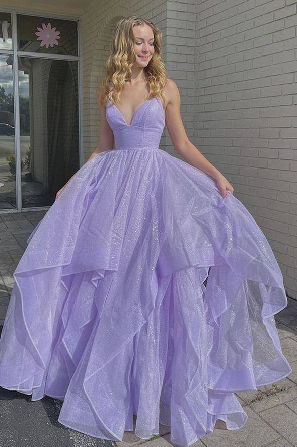 Shiny V Neck Fluffy Lavender Long Prom Dress, Spaghetti Straps Long Formal Evening Dress  DM1060