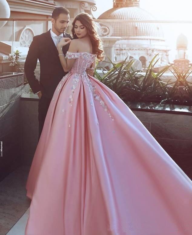 Pink Off the Shoulder Ball Gown Lace Appliques Satin Prom Dress DM903