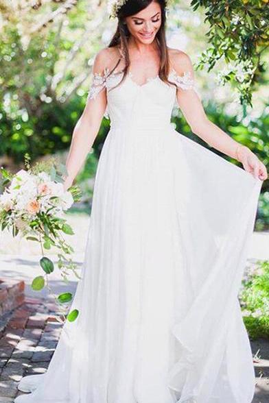 Popular Off the Shoulder Long A-line Ivory Chiffon Sexy Beach Wedding Dresses DM796