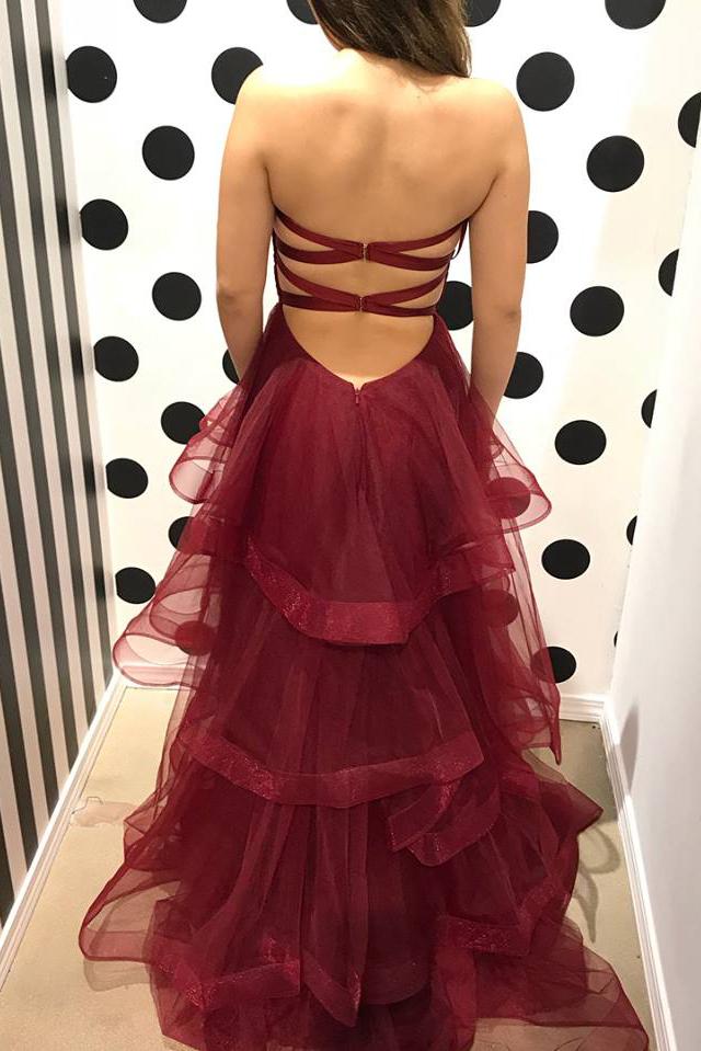 Burgundy Sweetheart Puffy Pleated Ruffles Long Prom Dresses DM938