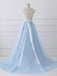 Sky Blue Long V Neck Evening Dress with Beaded Belt,Lace Top Long Prom Dress DM980