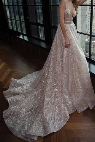 Modest A-line Silver Tulle V-Neck Rhinestone Prom Evening Dress Party Dress DM580