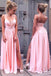 Simple Spaghetti Straps Pink V Neck Long Prom Dress with Slit DM648