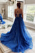 Royal Blue A Line Spaghetti Straps Long Prom Dresses, Appliques Tulle Evening Dresses DMP050