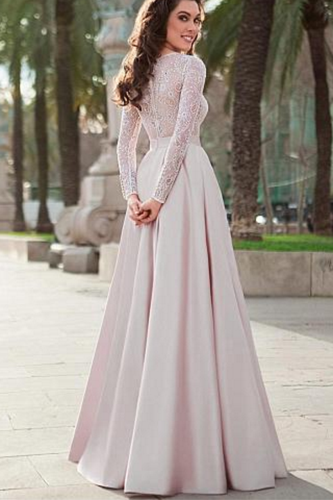 Lace Top Satin Jewel Neckline Long Sleeves A-line Prom Dress Evening Dress DM890