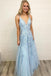 Sky Blue Lace Appliques Straps Long V Neck Prom Dresses DMH45