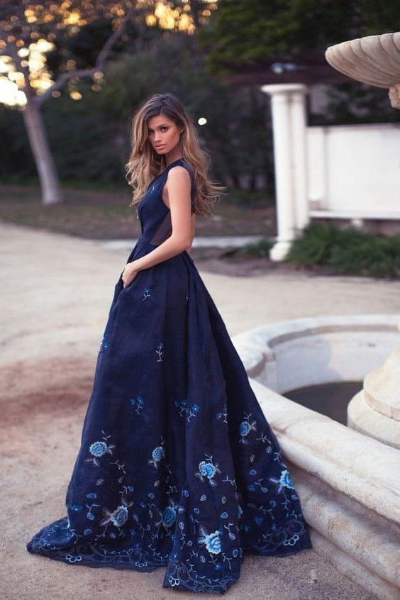 Elegant A-Line Deep V-Neck Navy Blue Long Prom Dress with Appliques Pockets DM973