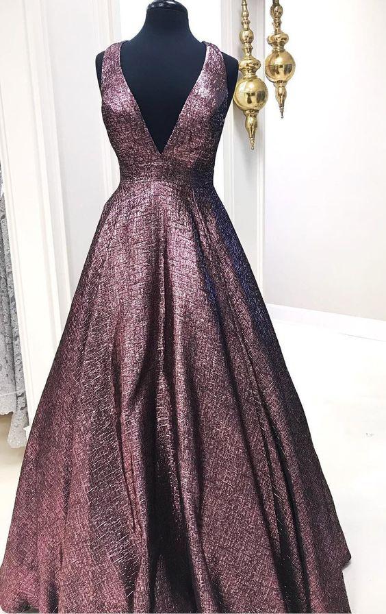 Elegant V Neck A Line Chocolate Long Prom Dress Ball Gown With Pockets DM948