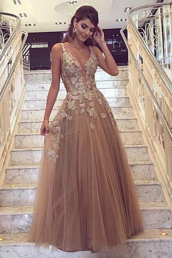 Charming Prom Dresses,V-Neck Prom Dress,A Line Prom Dresses,Champagne Prom Dress,Tulle Evening Dress,Long Prom Dresses,Appliques Prom Dress