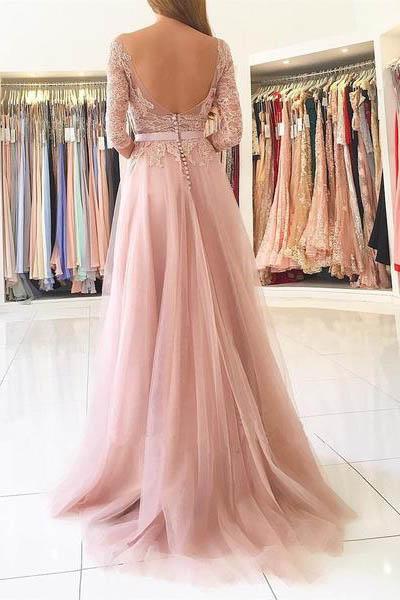 Elegant Half Sleeves Pink Tulle Long Lace Prom Dress with Slit DM607